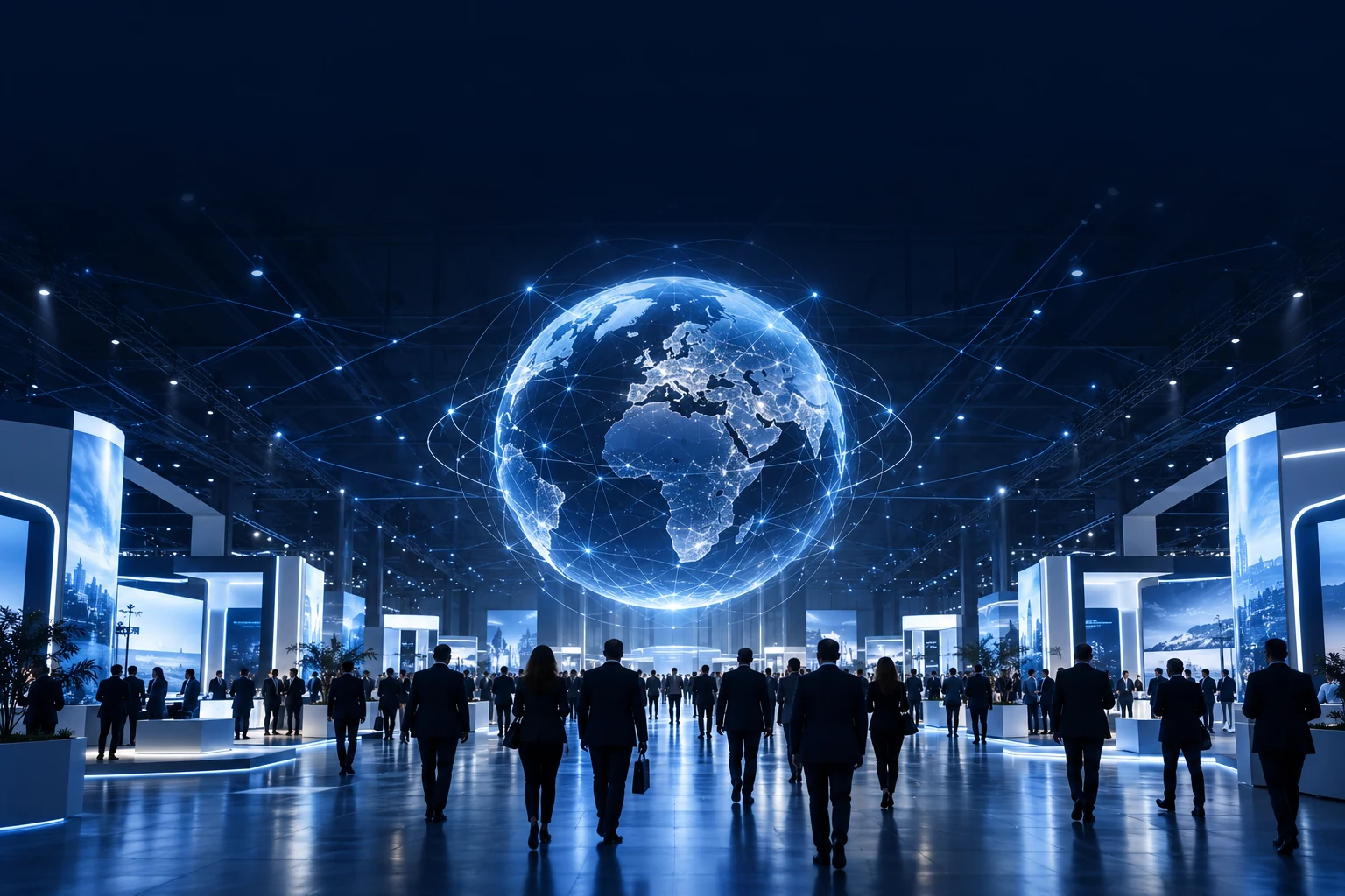 Illuminated globe and visitors in an international exhibition hall
